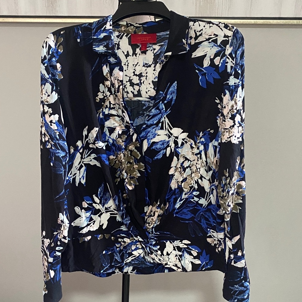 Jennifer Lopez Black and Blue Floral Blouse
